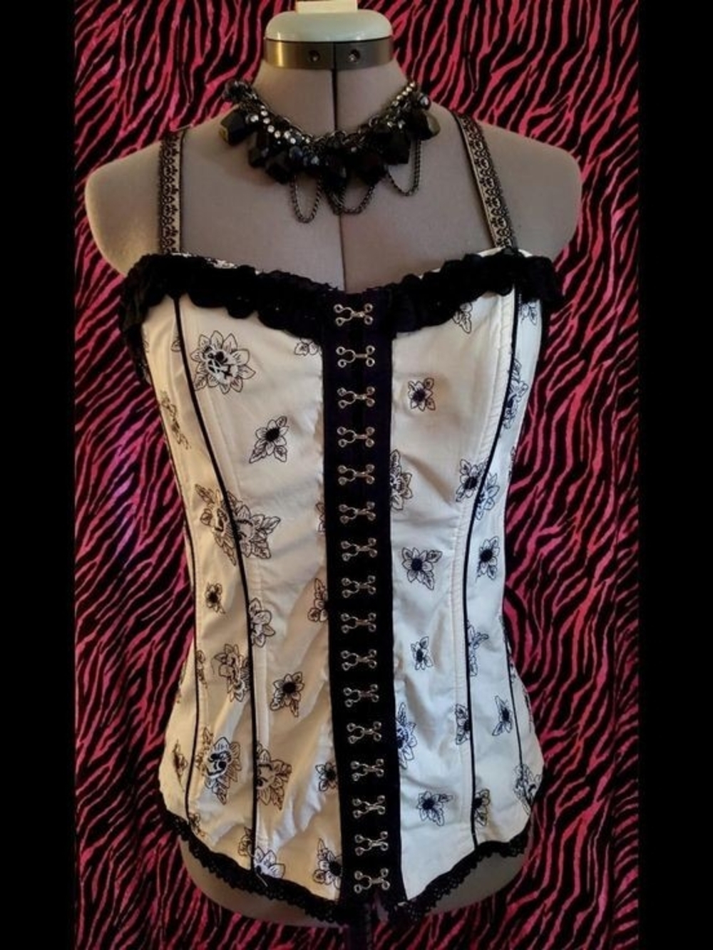 VTG Tripp NYC Skull Floral Corset Top Hook Eye Ivory Black Goth Y2K Size L